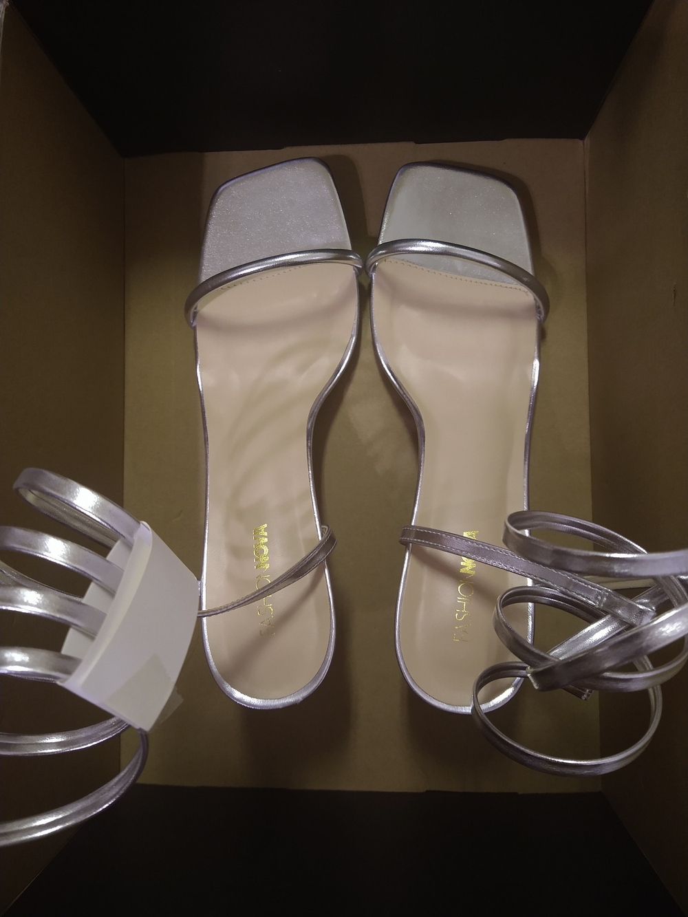 Fashion Nova Metallic Silver Strappy Square-Toe Sandals